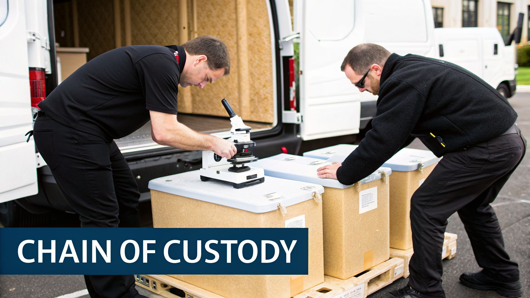 Two men handle a microscope and large containers near a white van, illustrating chain of custody.