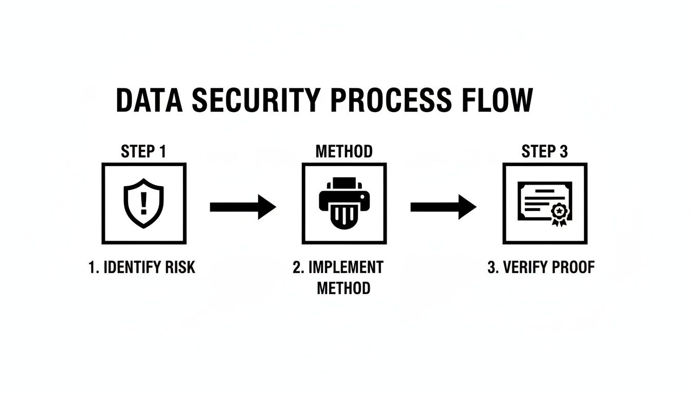 A data security process flow diagram illustrating three key steps: identify risk, implement method, and verify proof.