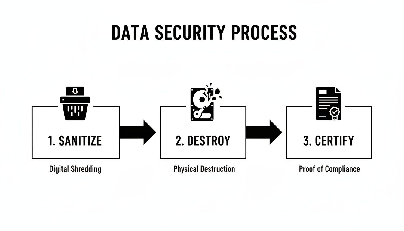 Flowchart illustrating the data security process, including steps to sanitize, destroy, and certify data disposal.