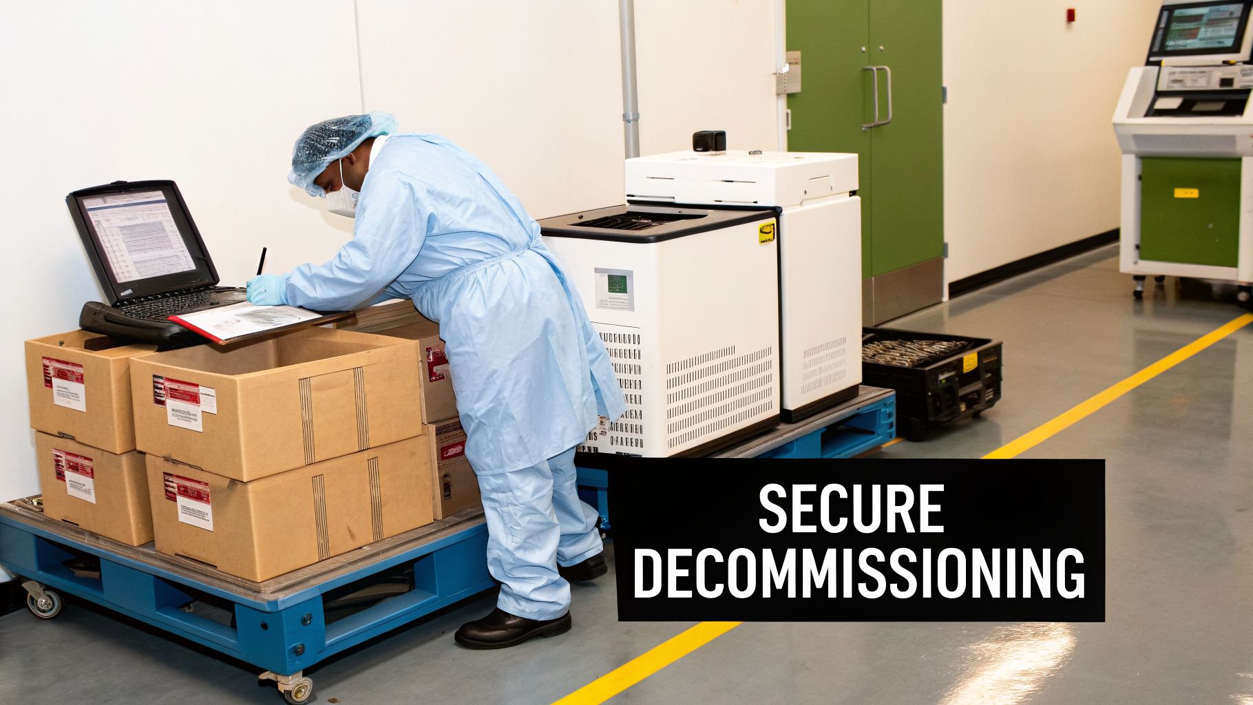 Person in cleanroom suit inspecting documents near scientific equipment and boxes for secure decommissioning.