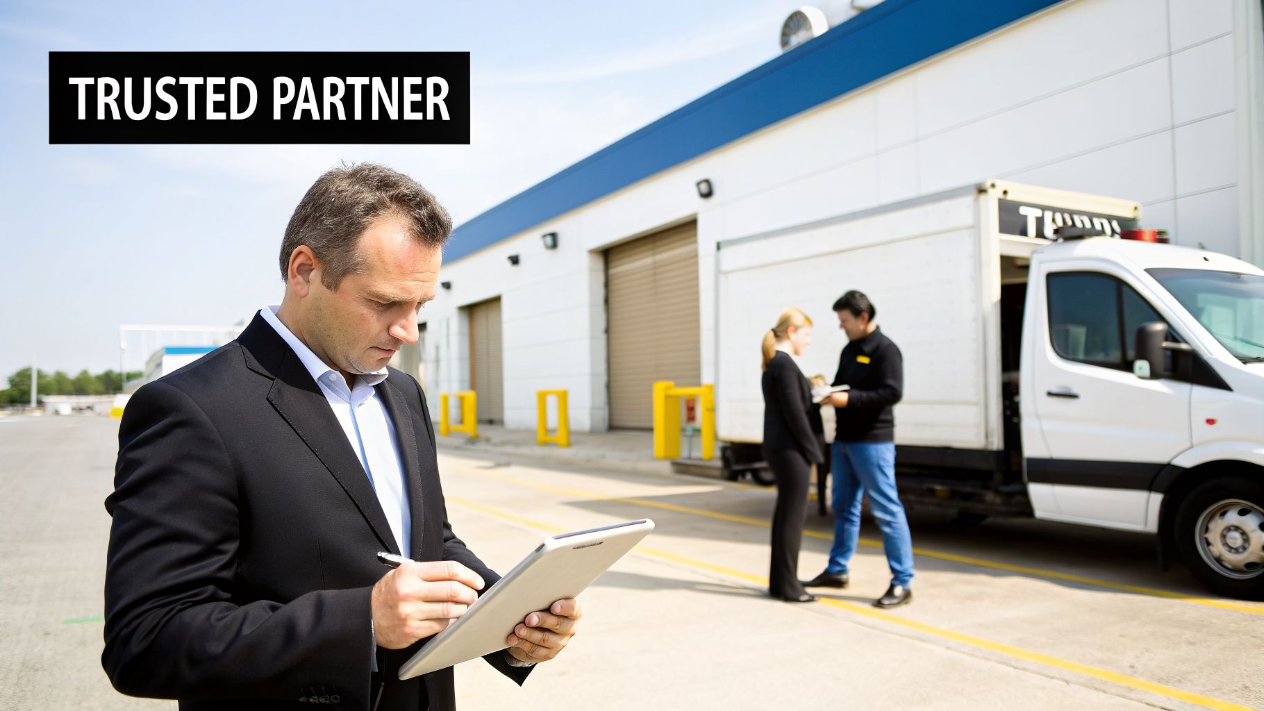 A man in a suit uses a tablet, with a delivery truck and people in a commercial area labeled “TRUSTED PARTNER.”