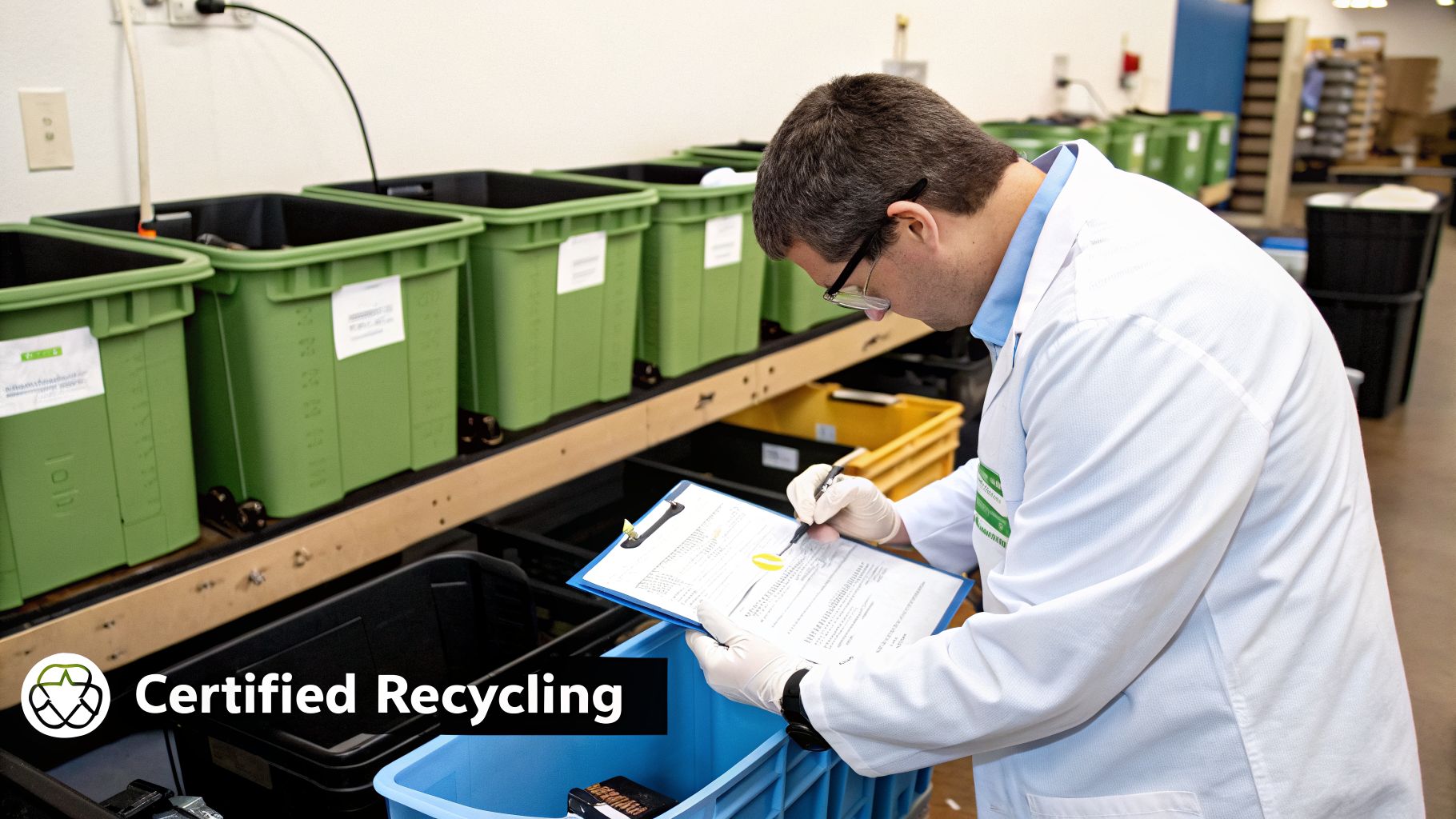 A scientist in a lab coat reviews documents at a certified recycling facility, surrounded by sorting bins.