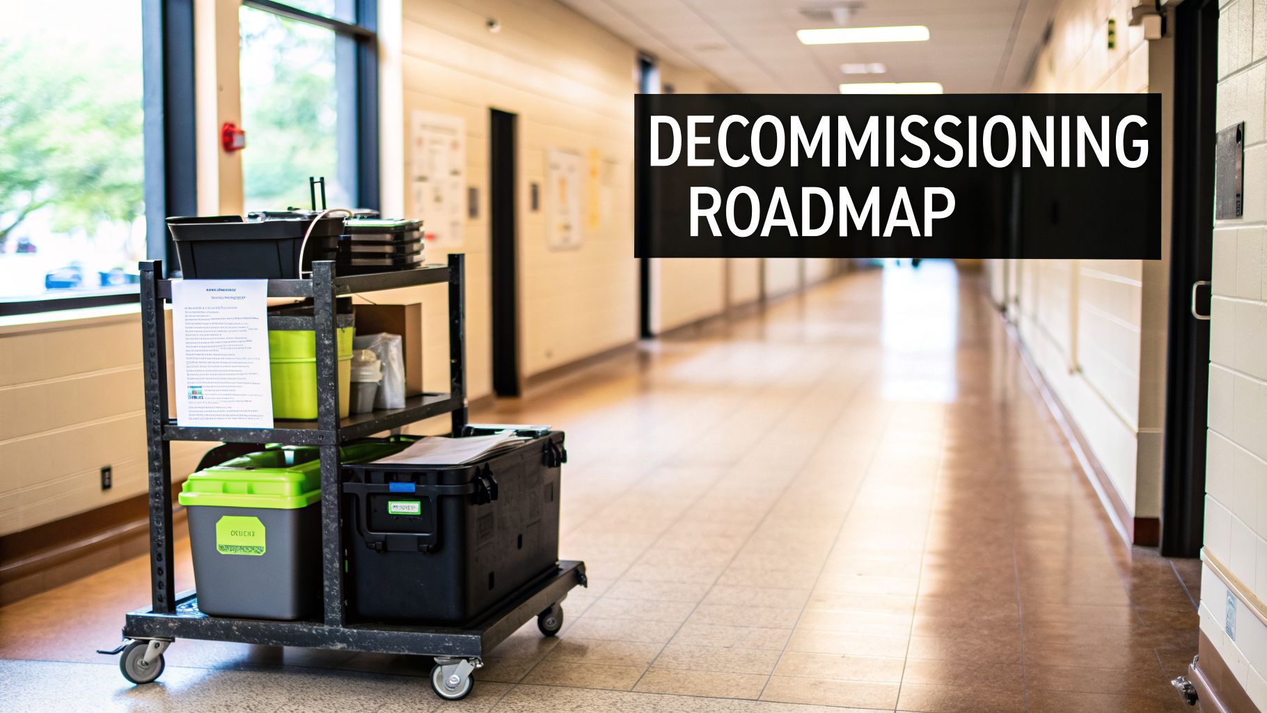 A rolling cart with various supplies and equipment in a bright hallway, featuring a "DECOMMISSIONING ROADMAP" sign.