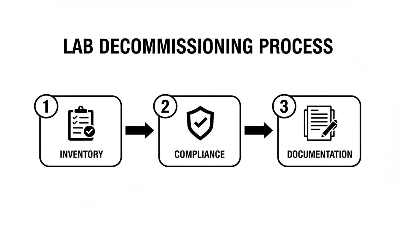 Flowchart illustrating the lab decommissioning process with steps: inventory, compliance, and documentation.