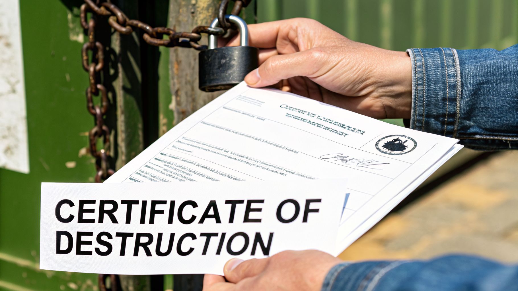 Hands holding a Certificate of Destruction document, with a locked chain and padlock in the background.