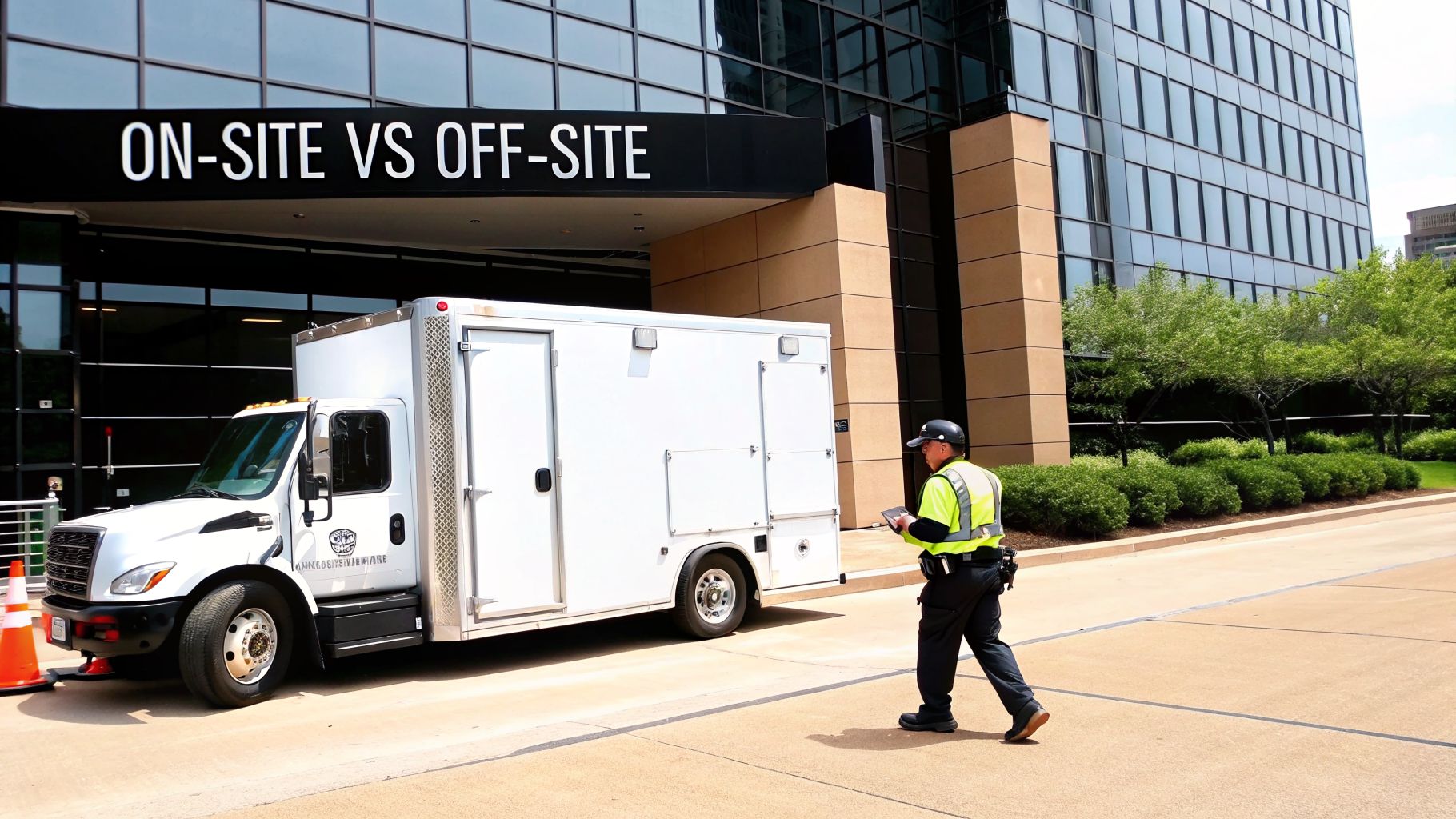 Security guard near a white service truck and a sign reading 'ON-SITE VS OFF-SITE' at a modern building.