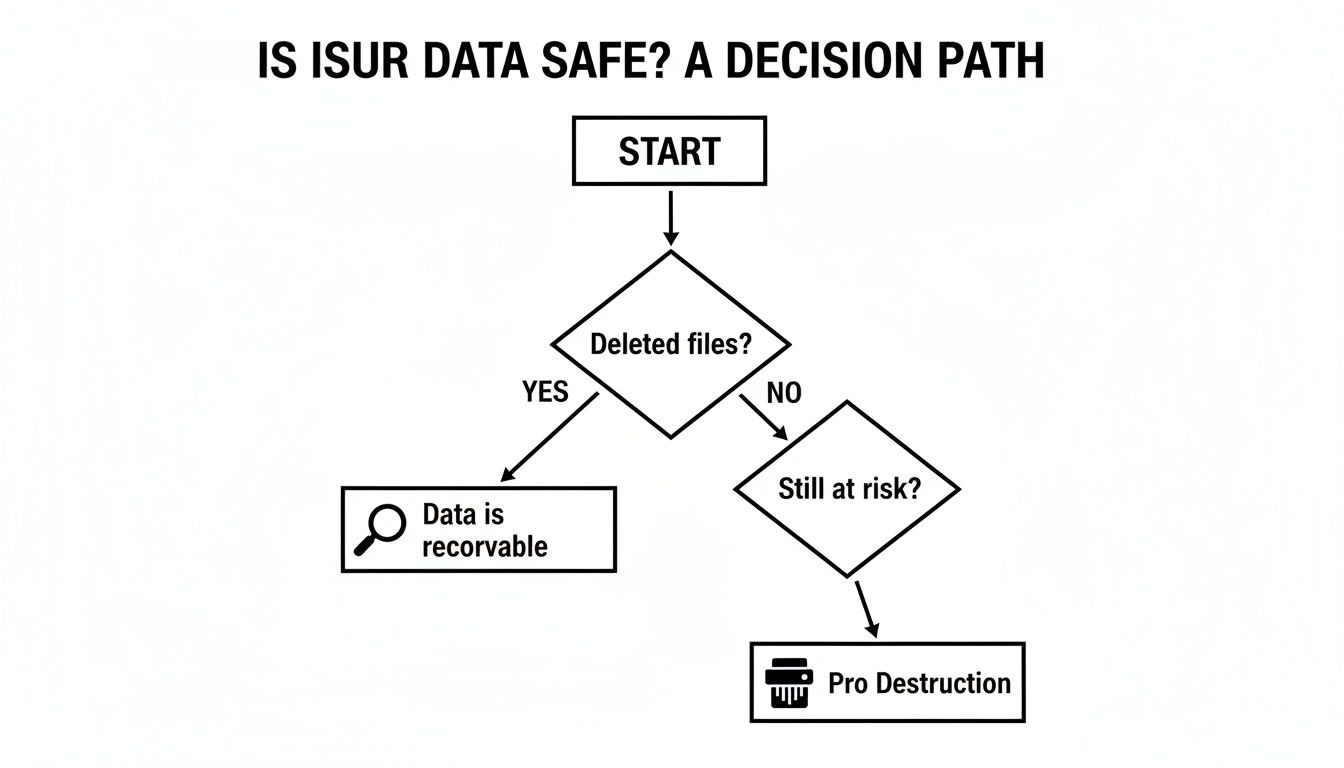 Flowchart illustrating a data safety decision path, including checks for deleted files and professional destruction.