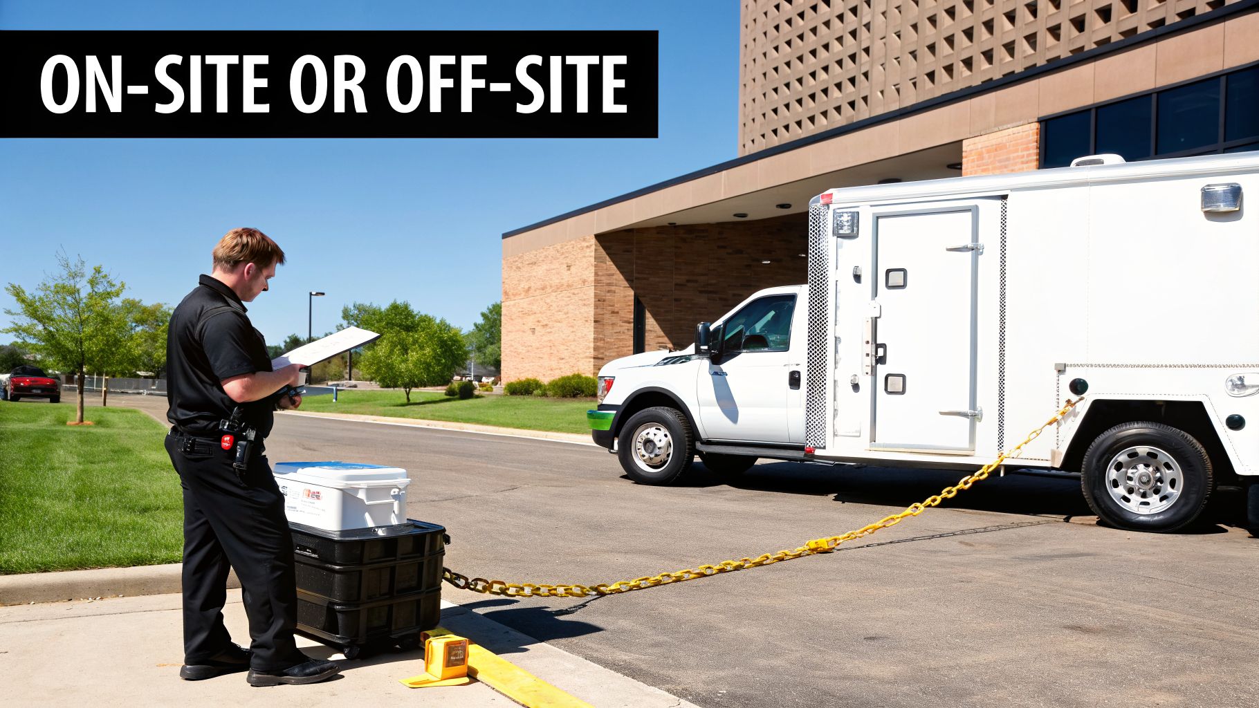 Technician processing secure data destruction on-site with mobile unit and chained containers.