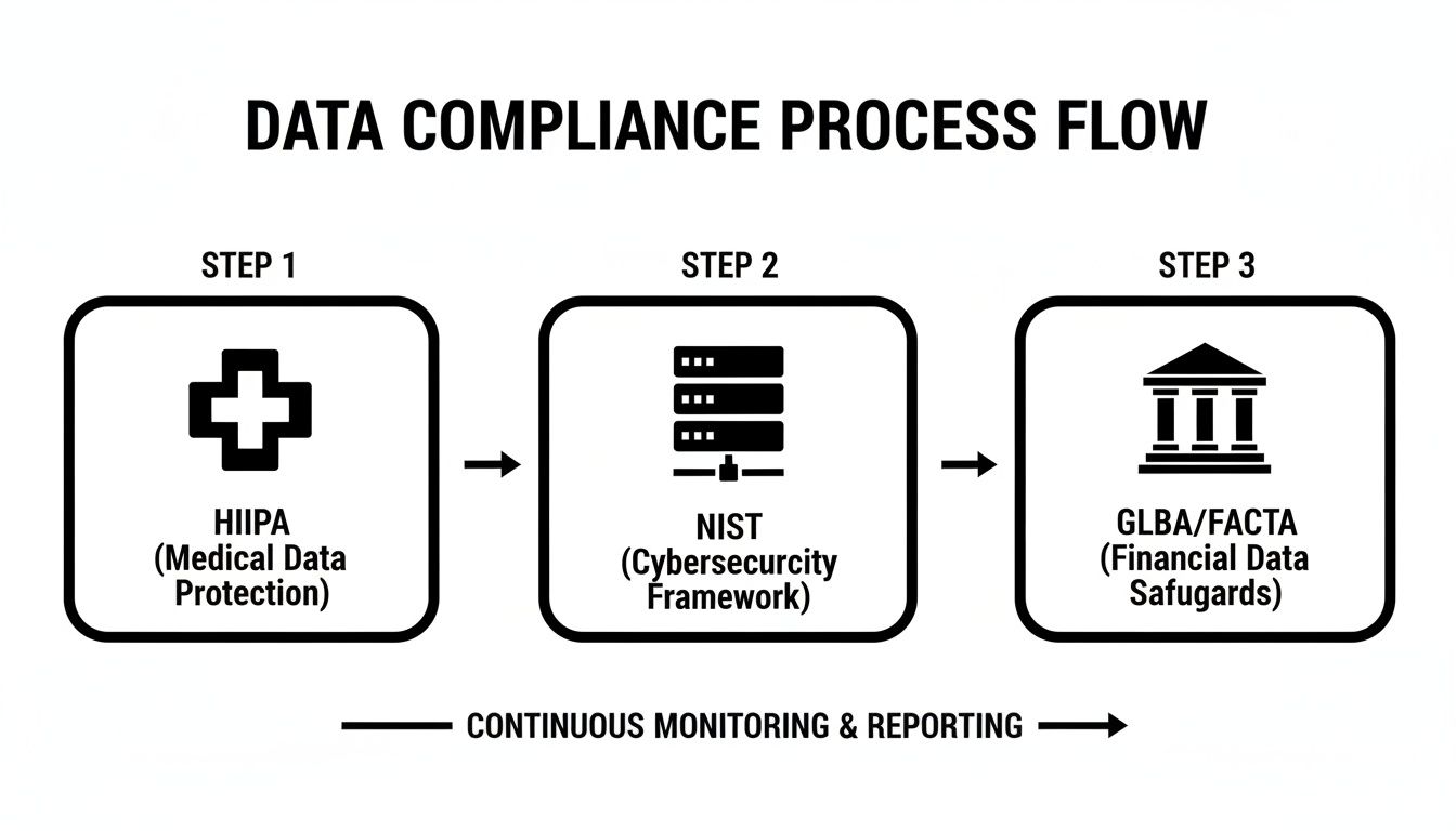 Data compliance process flow illustrating steps for medical, cybersecurity, and financial data protection.