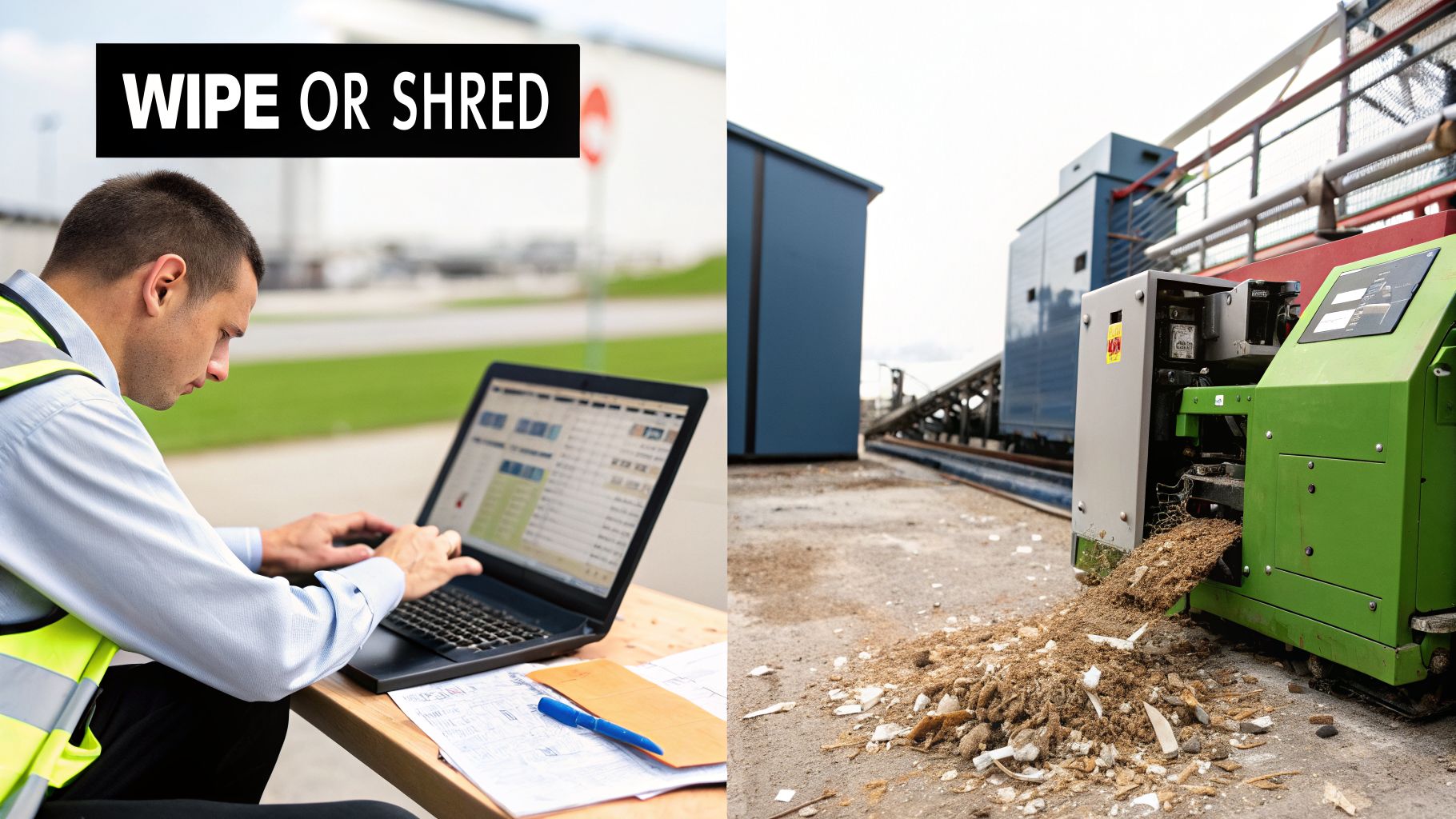 Split image: Man on laptop (wipe) and industrial shredder (shred) for data destruction.