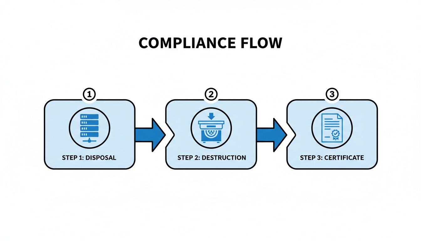A three-step compliance flow diagram for secure disposal, destruction, and certification process.