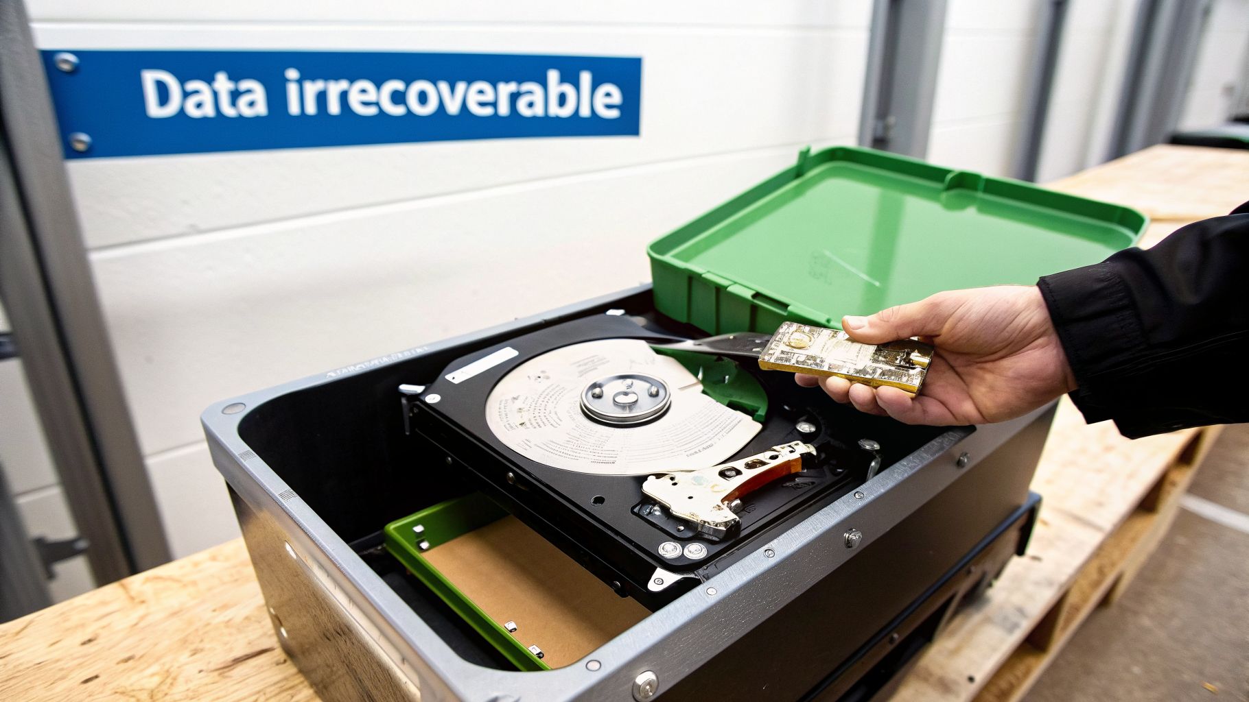 A hand holds a circuit board over a disassembled hard drive in a container, with a 'Data irrecoverable' sign.