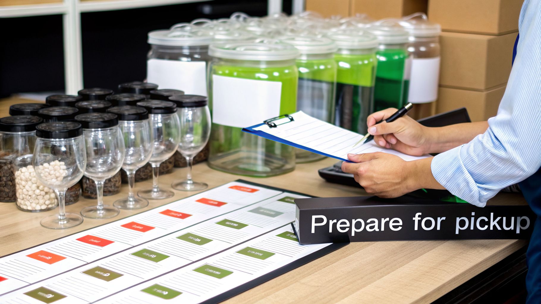 A person prepares items for pickup, checking a list on a clipboard surrounded by jars and glasses.