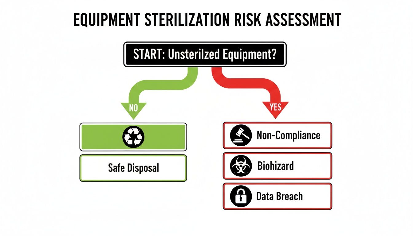 Flowchart showing equipment sterilization risk assessment, leading to safe disposal or risks like non-compliance, biohazard, and data breach.