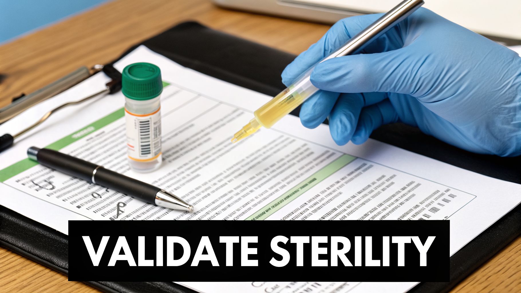 A gloved hand holds a syringe with yellow liquid near a sample bottle and document, validating sterility.