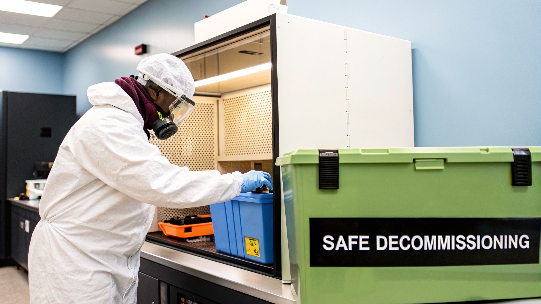 A person in full protective gear handles a blue toxic hazard container in a lab, next to a “SAFE DECOMMISSIONING” bin.