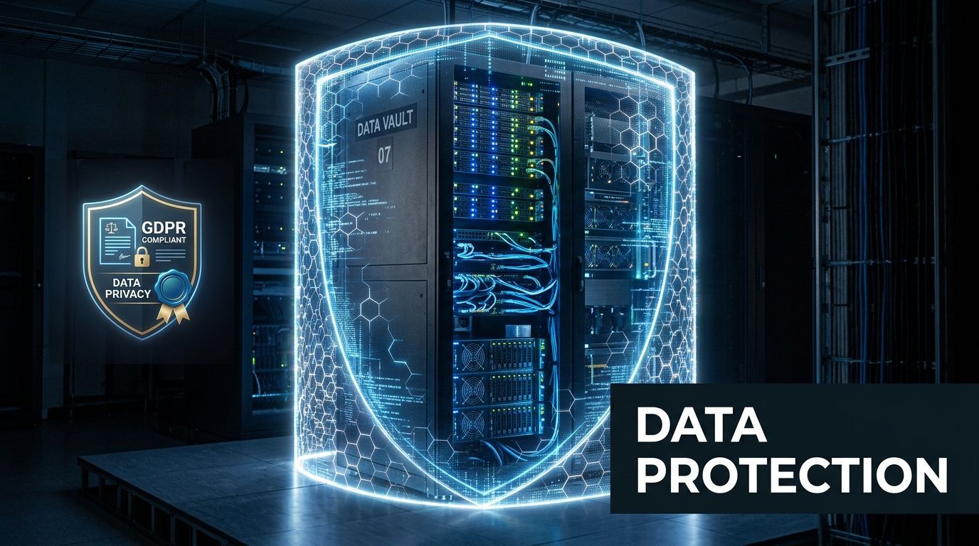 A secure server room with glowing blue digital shield overlay representing data privacy and GDPR compliance protection.