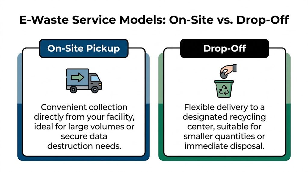 A comparison chart showing e-waste service models: on-site pickup for large volumes versus drop-off for small quantities.