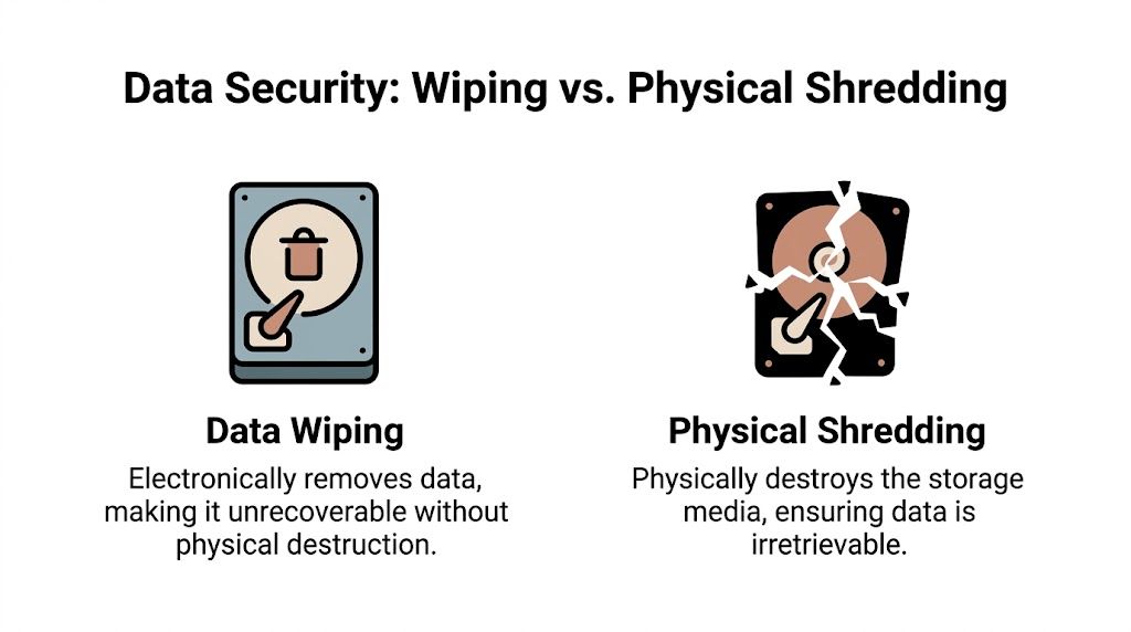 A comparison graphic showing data wiping versus physical shredding for hard drive security destruction.