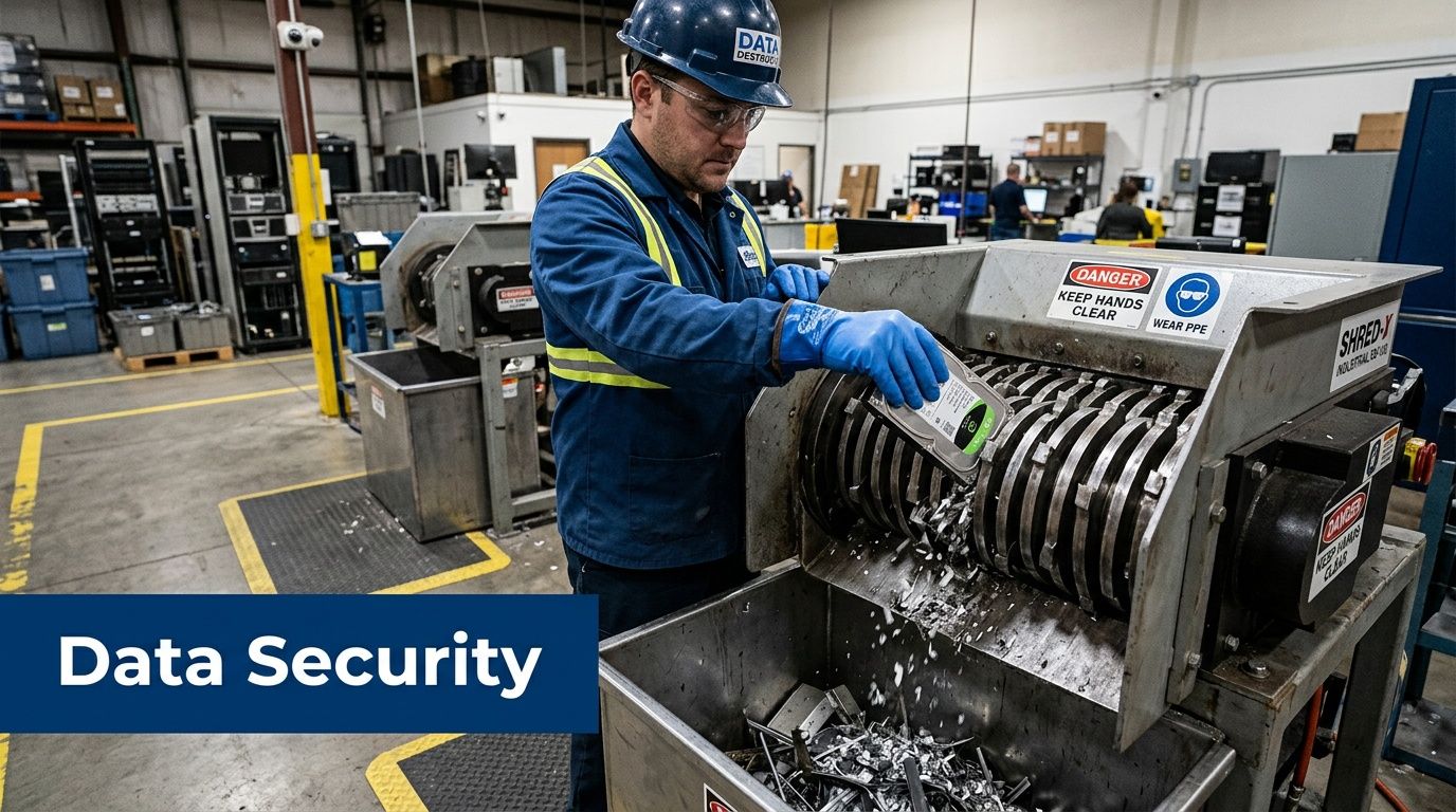 A technician wearing safety gear destroys a hard drive in an industrial shredder for data security purposes.