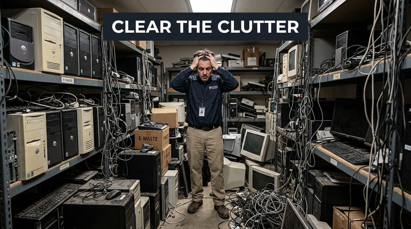 Stressed worker surrounded by stacks of old discarded computer equipment and cables in a messy storage room.