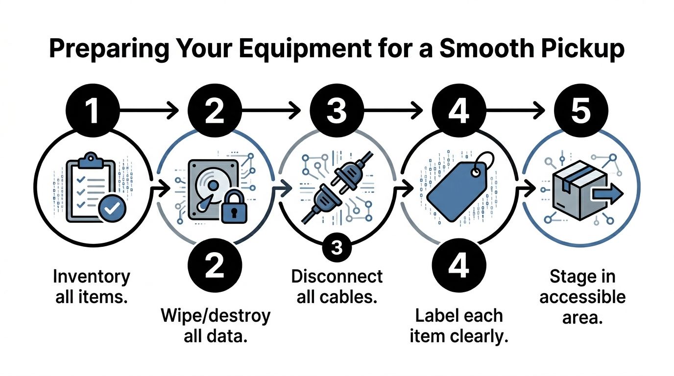 A five-step guide for preparing electronic equipment for a professional recycling pickup service.