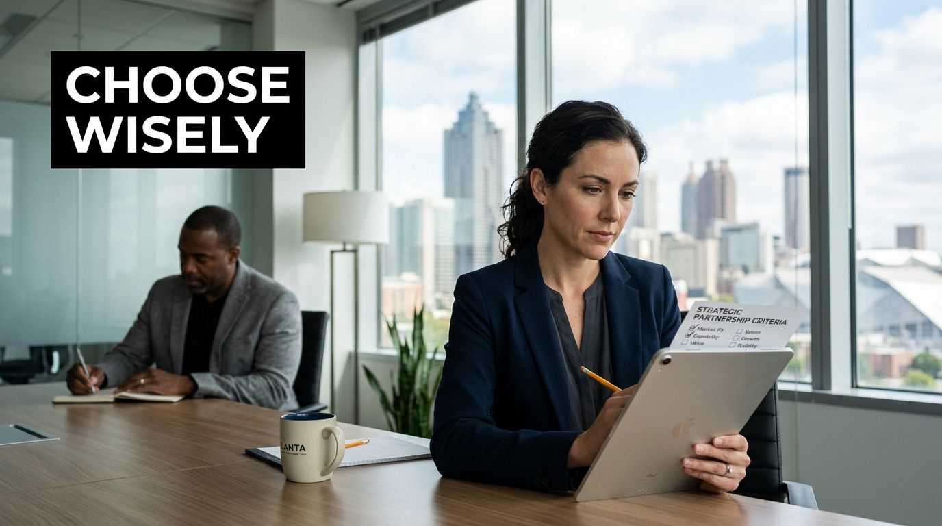 A professional woman reviews strategic partnership criteria on a tablet in a bright, modern Atlanta office.