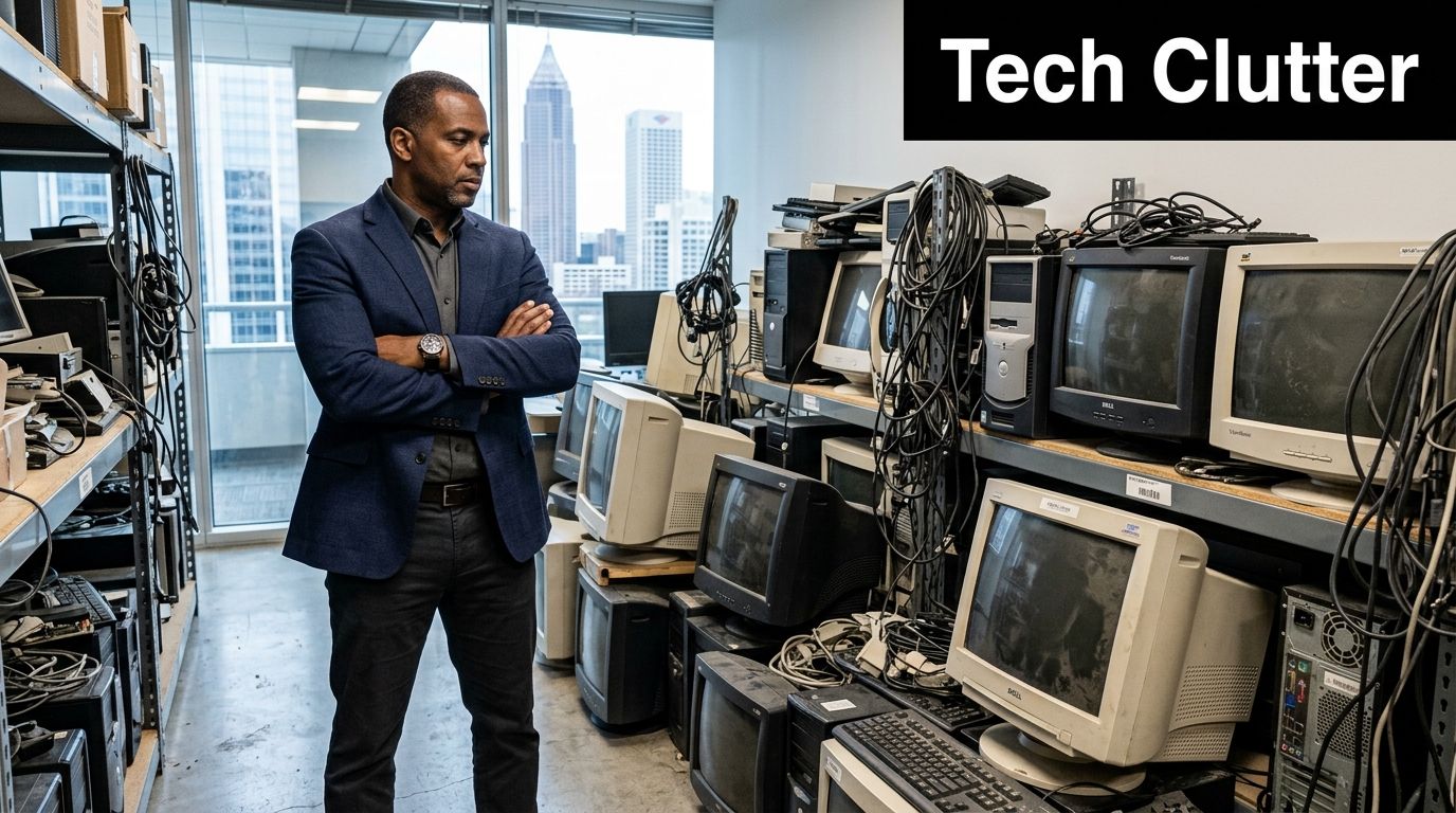 A professional man stands in a room filled with old, discarded computer monitors and electronic hardware.