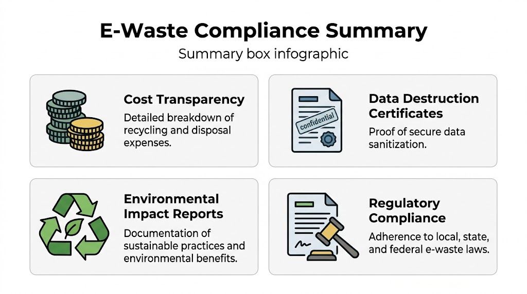 An infographic titled E-Waste Compliance Summary displaying four key components including cost transparency, data destruction, environmental reports, and regulatory compliance.