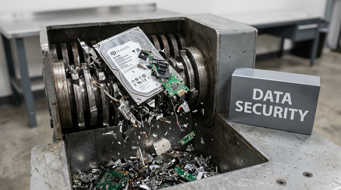 A mechanical shredder destroys a Seagate hard drive to ensure secure data destruction for electronic waste recycling.