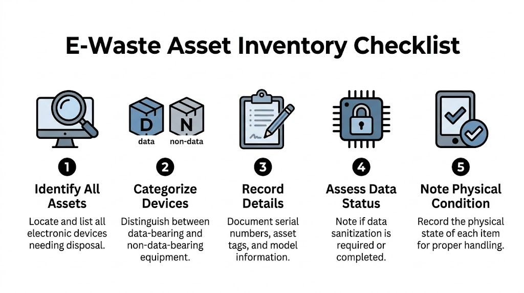 A five-step checklist for managing e-waste asset inventory, from identification to assessing physical condition.