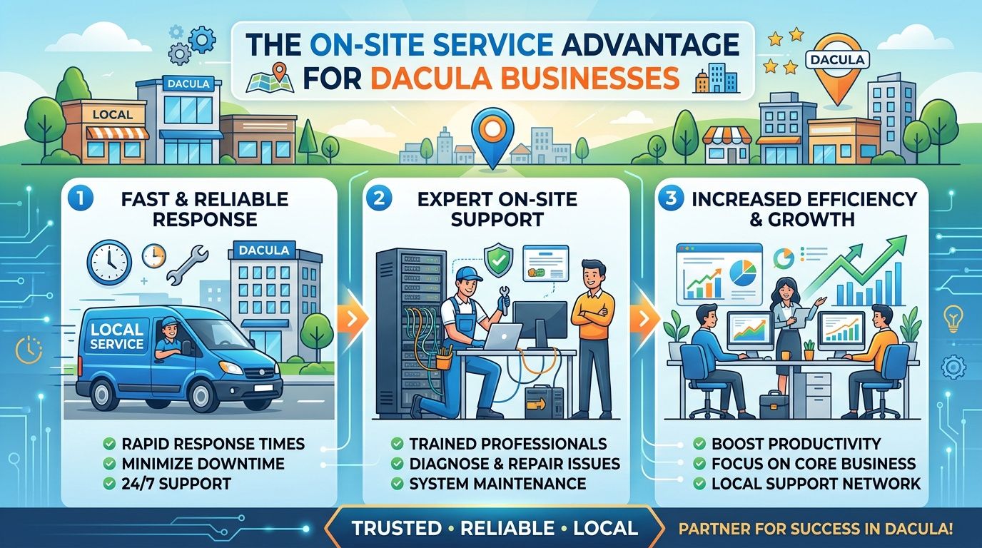 An infographic illustrating the benefits of on-site IT support and maintenance services for businesses in Dacula, Georgia.