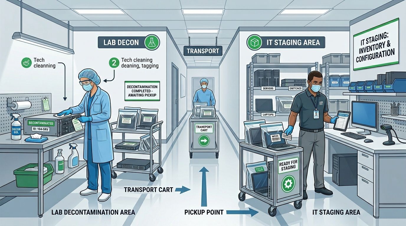 A professional IT team follows a decontamination and staging workflow for business electronics recycling and refurbishment.
