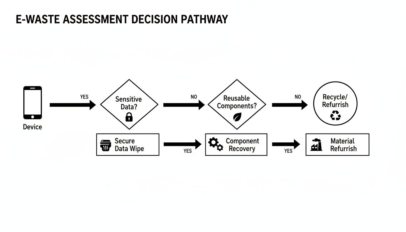 Flowchart showing E-waste assessment decision pathway for devices, covering data wipe, component recovery, and recycling.