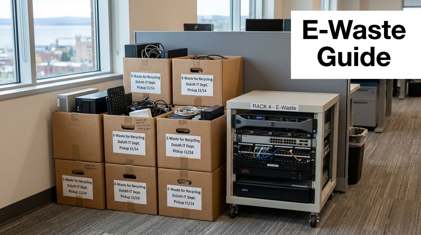 Cardboard boxes and a server rack filled with electronics for E-waste recycling in an office setting.