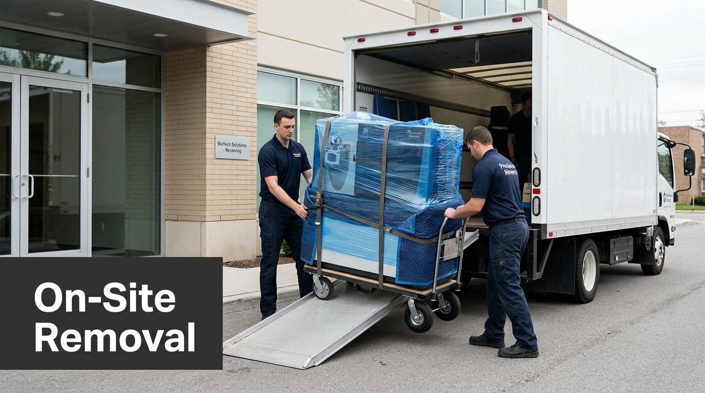 Two movers load a large, wrapped biotech machine onto a truck ramp for removal.