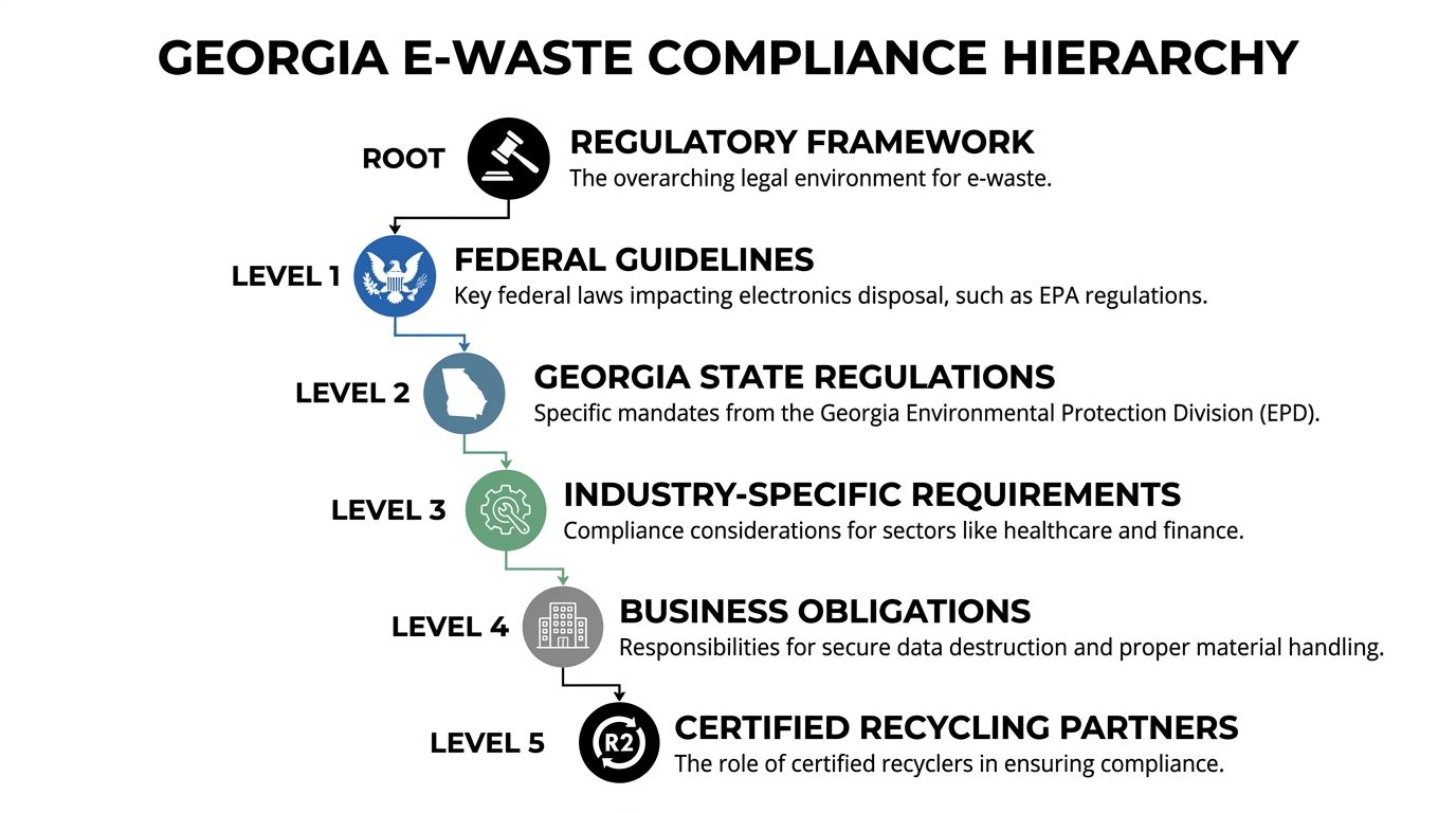 A hierarchical flowchart illustrating the steps of Georgia e-waste compliance from federal laws to certified recycling partners.