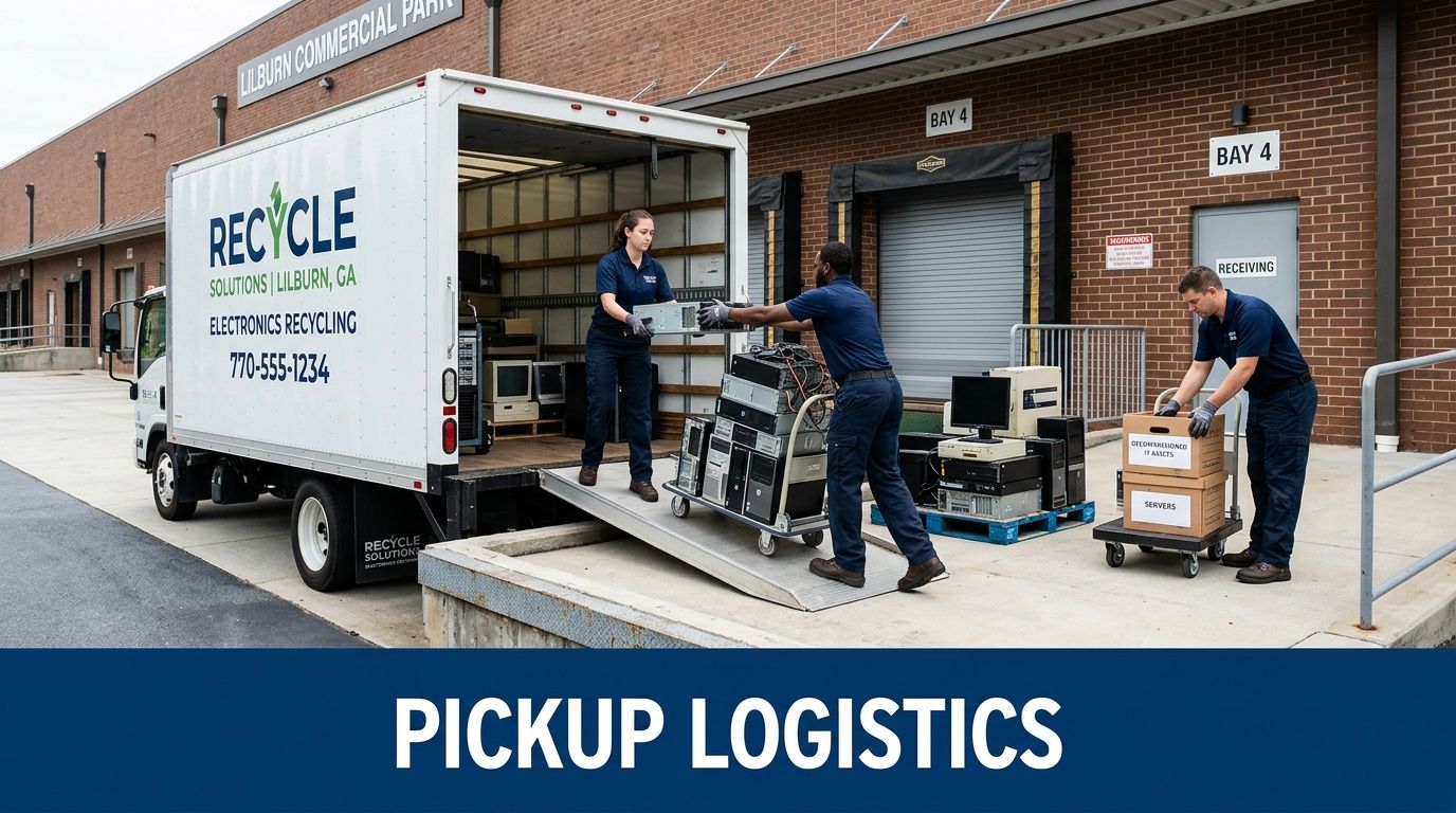 Workers from Recycle Solutions in Lilburn, Georgia loading electronic waste from a truck into a facility.