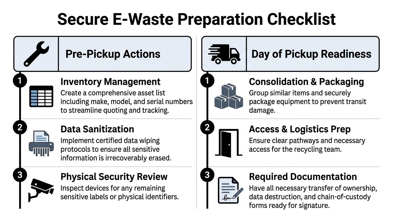 A checklist for securely preparing electronic waste for pickup, outlining essential pre-pickup and logistics tasks.