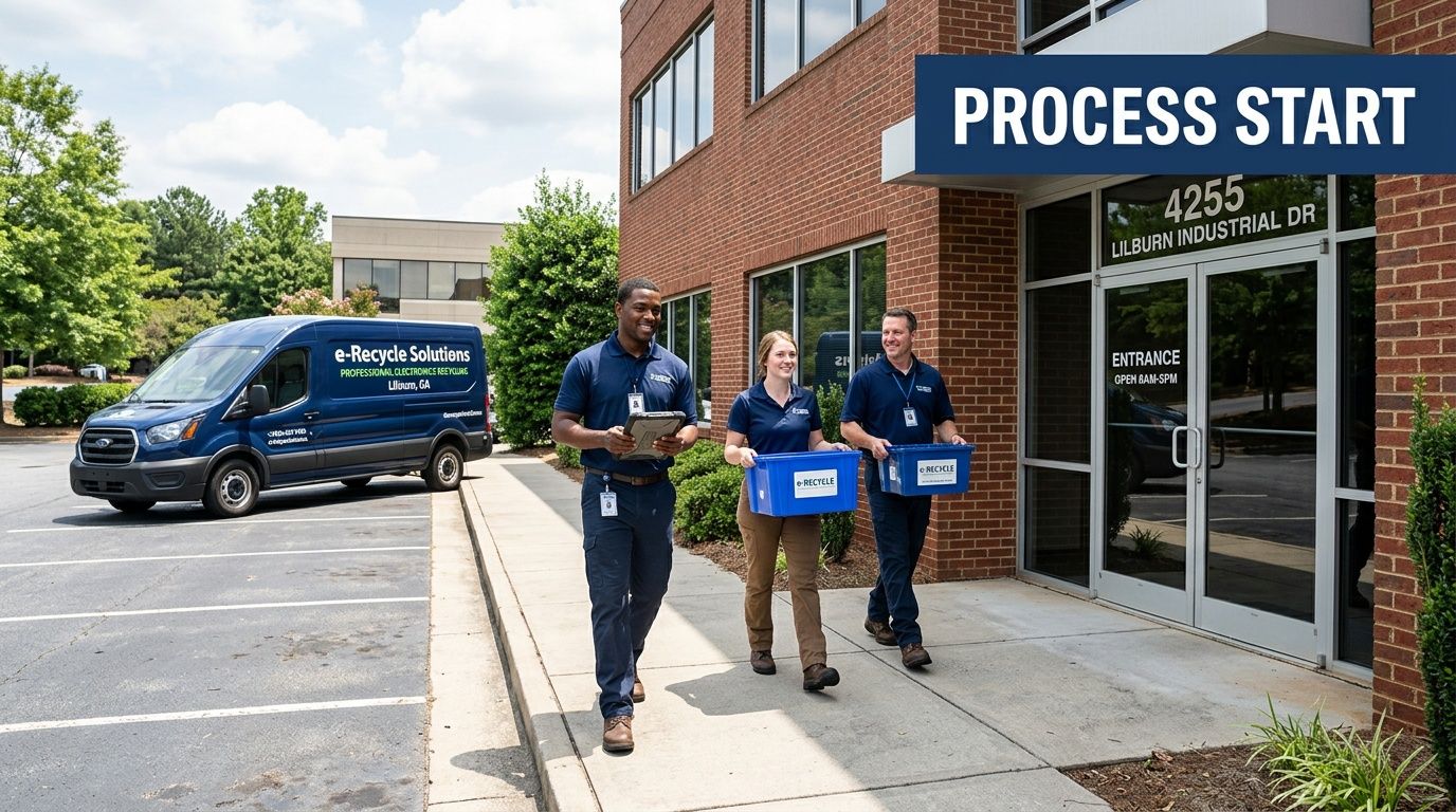 Employees from e-Recycle Solutions carrying blue recycling bins toward a building entrance for electronics collection.
