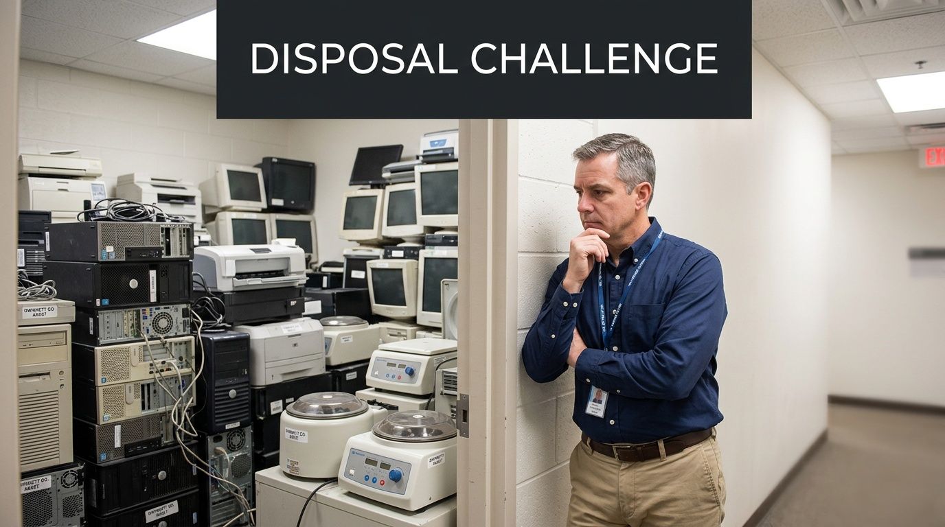 A man in a business shirt standing in front of a storage room filled with old electronic equipment.