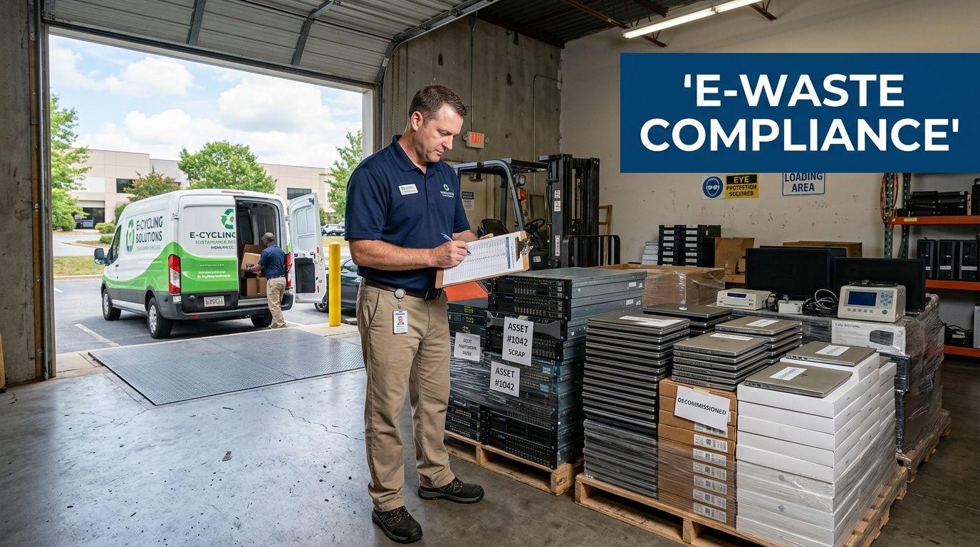 A man records electronics inventory for e-waste compliance in a warehouse with a recycling van.