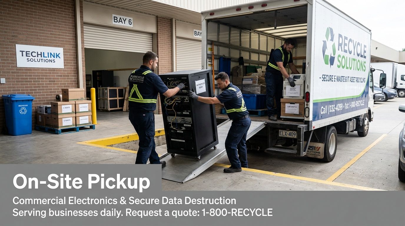 Workers loading commercial electronics and IT assets onto a 'Recycle Solutions' truck for secure recycling and data destruction.
