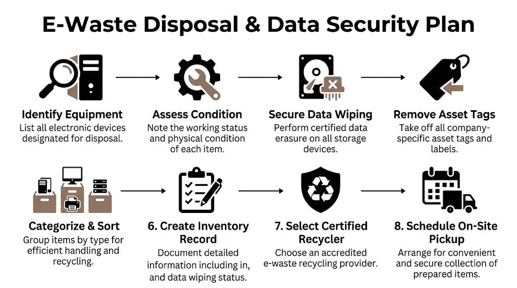 A step-by-step infographic illustrating the eight stages of an e-waste disposal and data security plan.