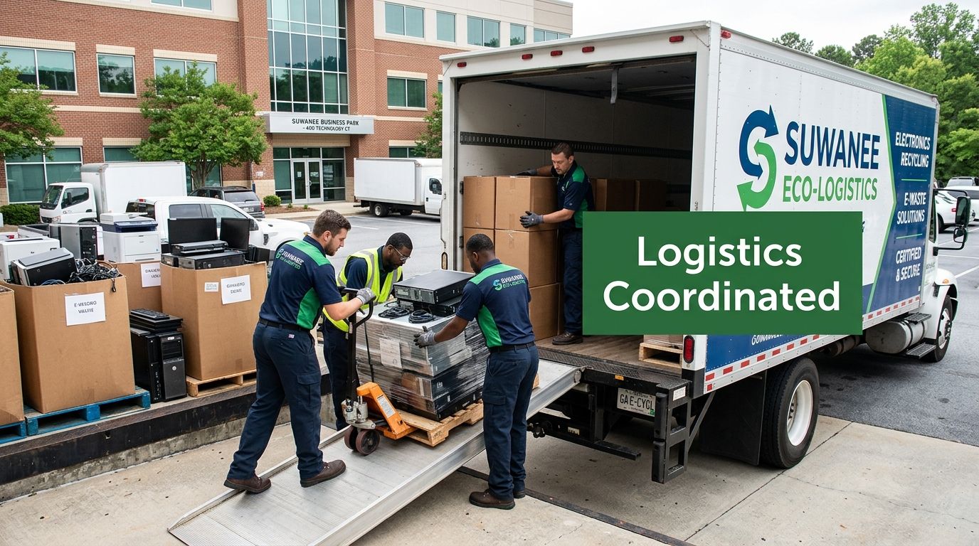A team of Suwanee Eco-Logistics employees loading recycled electronics and computer equipment into a company moving truck.