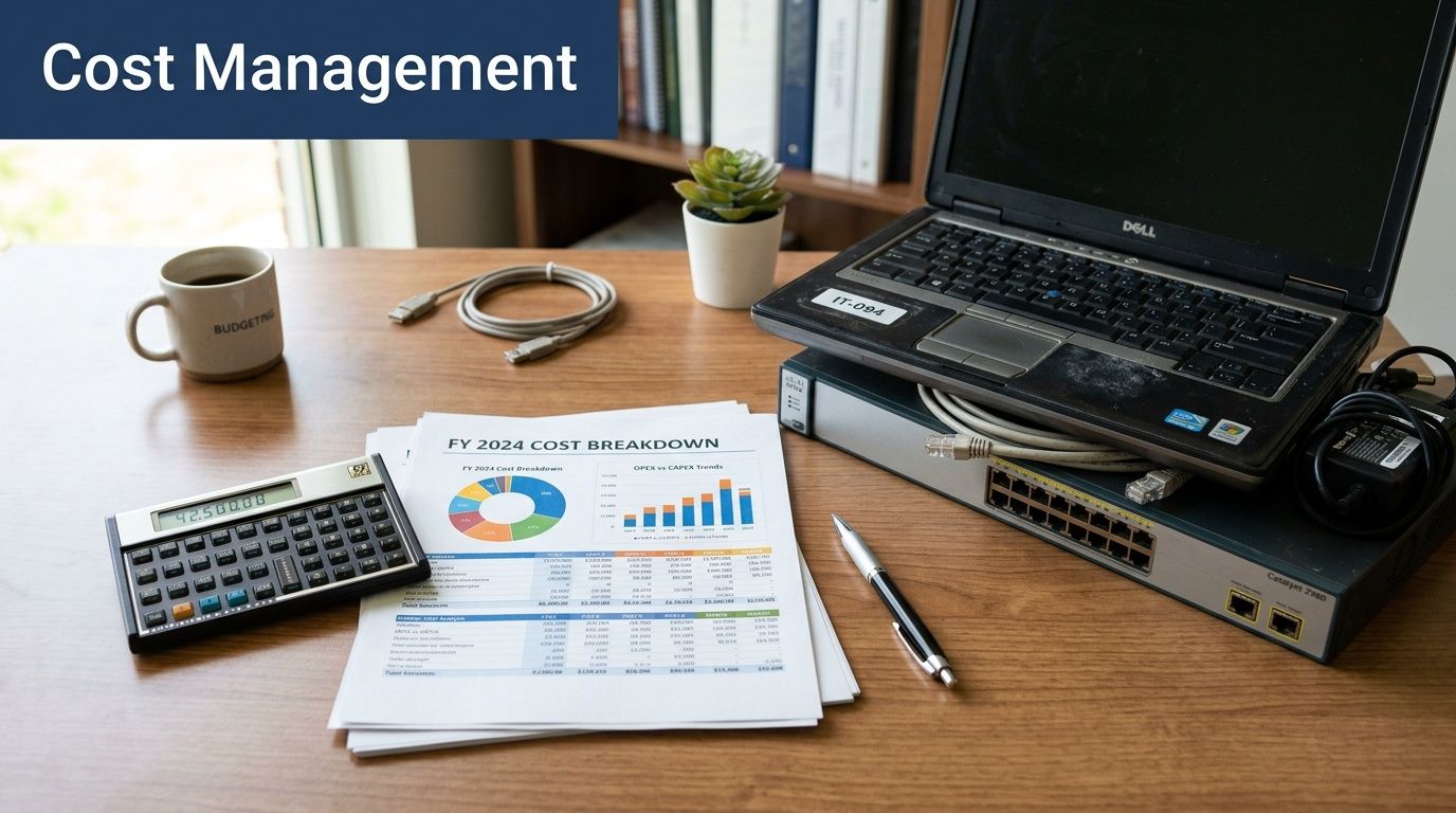 A workspace featuring a laptop, a networking switch, a calculator, and a budget report document on a desk.