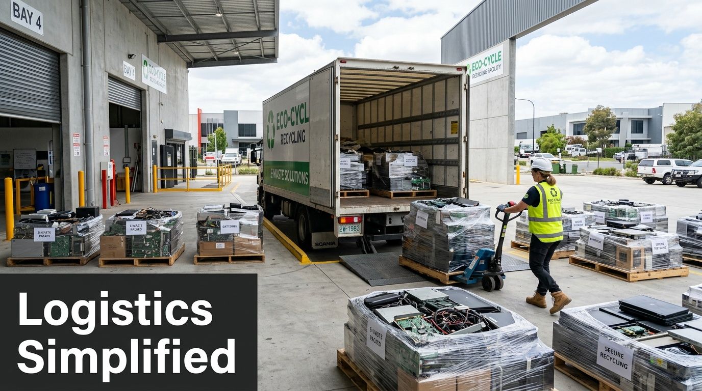 An Eco-Cycle worker uses a pallet jack to move e-waste materials at a commercial recycling facility.