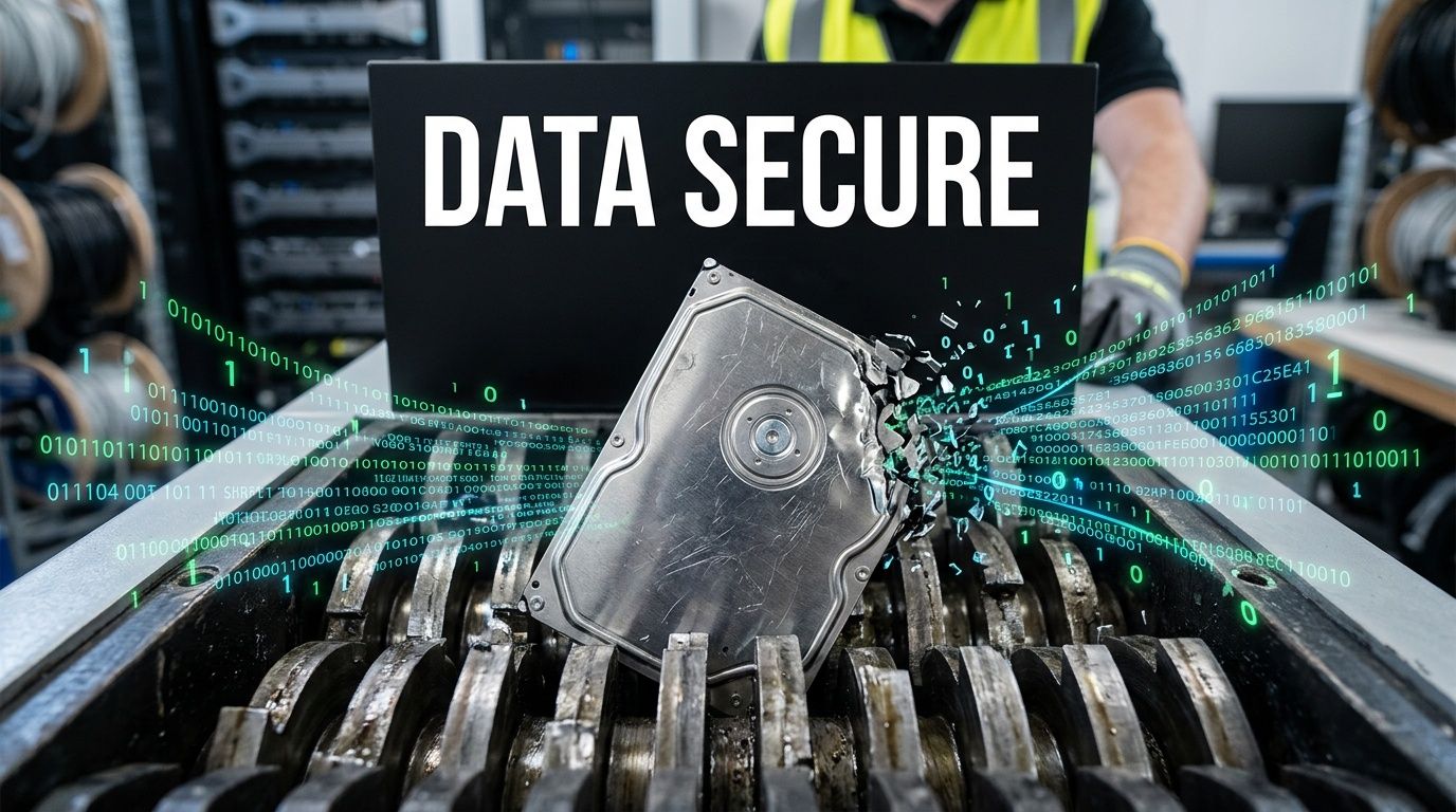 A hard drive being destroyed in an industrial shredder with digital binary code fragments flying around.