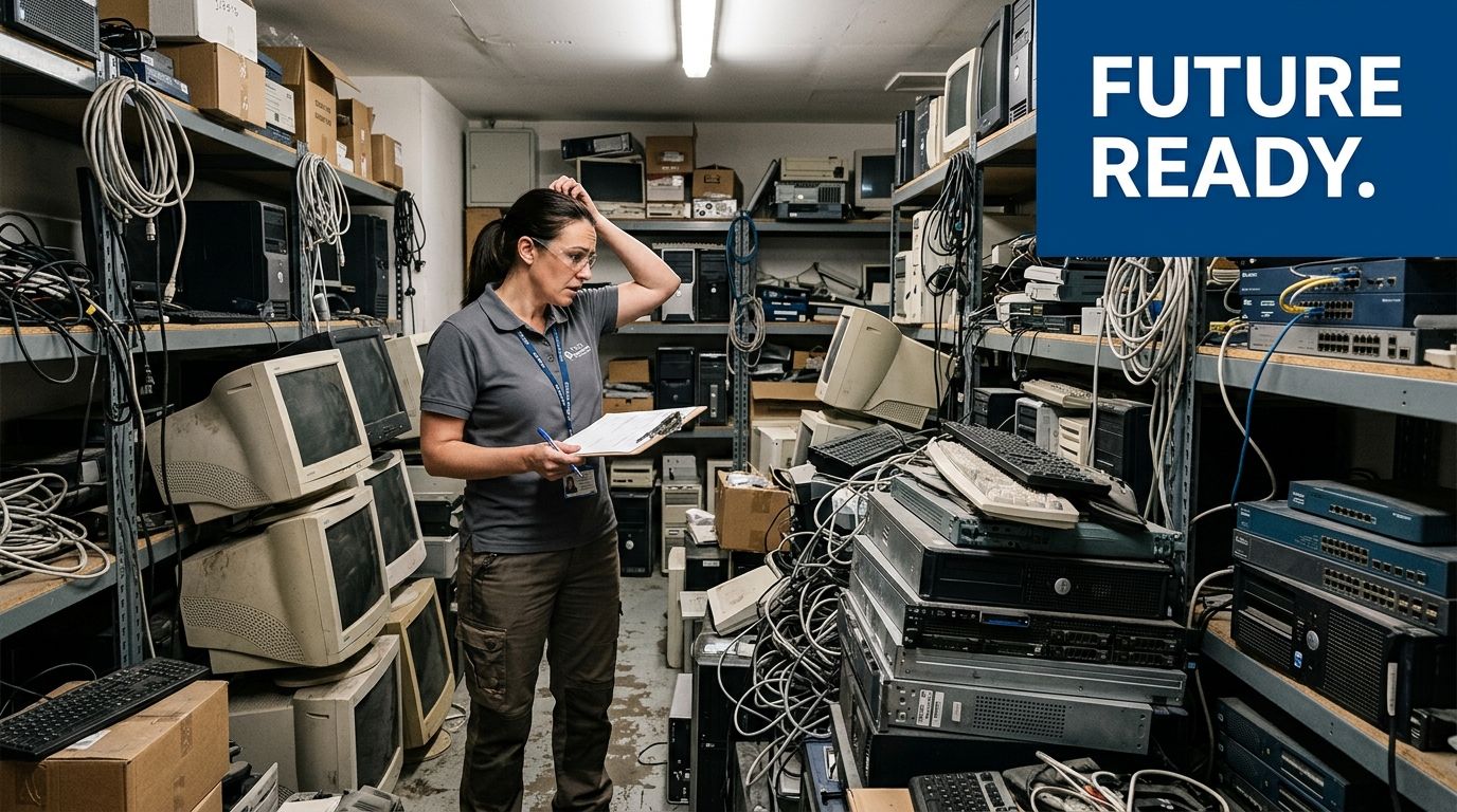 A woman in safety glasses and a uniform checking equipment in a cluttered electronics storage warehouse.