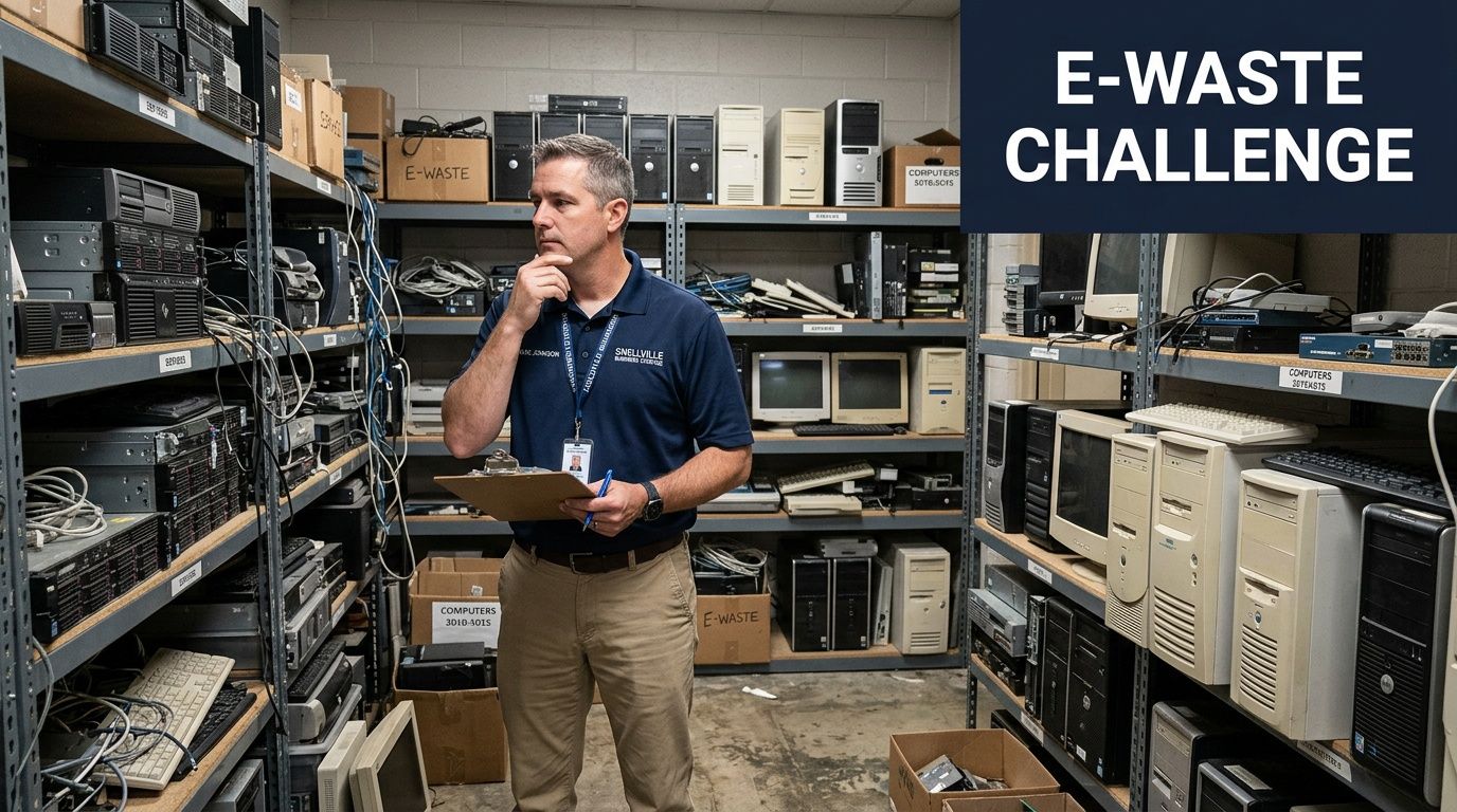 A man inspecting stored computers and hardware at an electronic waste recycling facility in Snellville, Georgia.